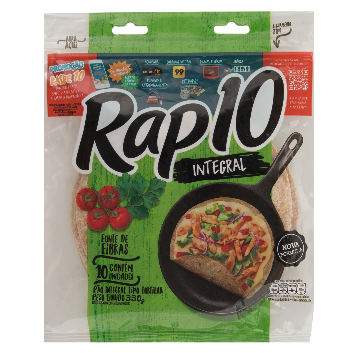 Pão Integral Tipo Tortilha Rap 10 Pullman 330g Com 10 Unidades