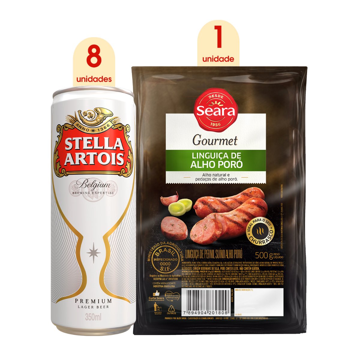 Produto Kit 8 Cervejas Lager Premium Stella Artois Lata 350ml + Linguiça com alho poró Seara Gourmet 500g da loja Pão de Açucar no valor de: 63,82