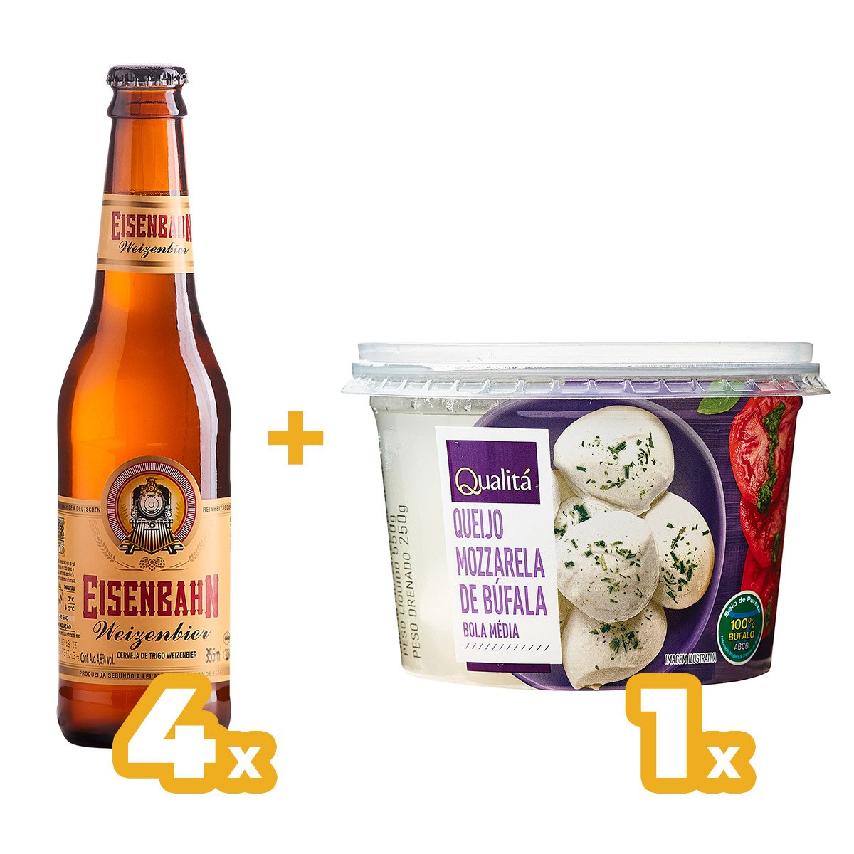Produto Kit 4 Cervejas Brasil EISENBAHN Weiss Garrafa 355ml + Mussarela de Búfala Bola Média QUALITÁ 250g da loja Pão de Açucar no valor de: 58,66
