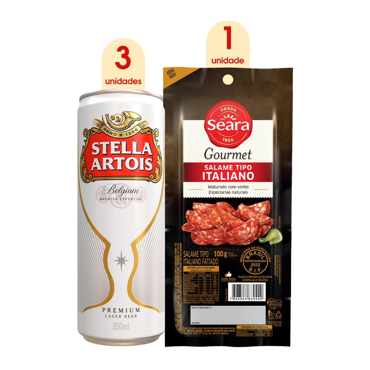 Produto Kit 3 Cervejas Lager Premium Stella Artois Lata 350ml + Salame italiano fatiado Seara Gourmet 100g da loja Pão de Açucar no valor de: 31,46