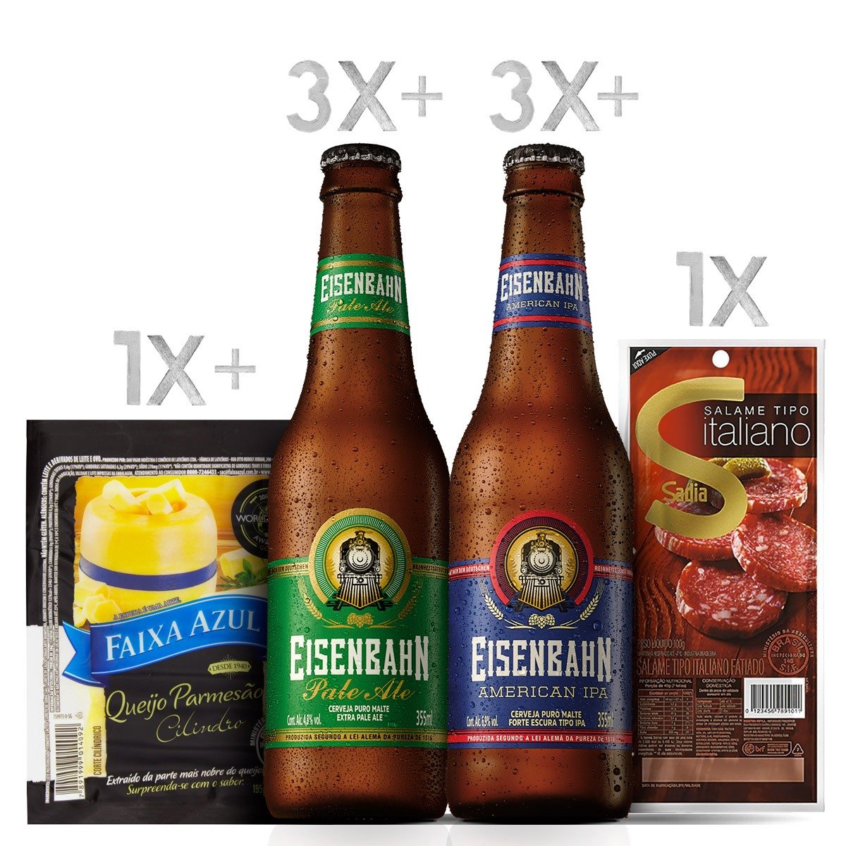 Produto Kit de Cerveja Eisenbahn Ipa e Pale Ale harmonizados com Salame e Queijo Parmesão da loja Pão de Açucar no valor de: 95,94