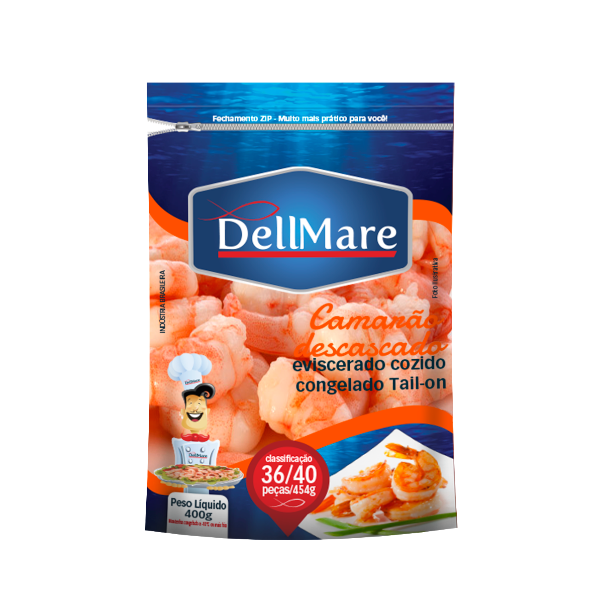 Camarão Cozido Congelado Sem Casca 3640 Dellmare Pacote 400g